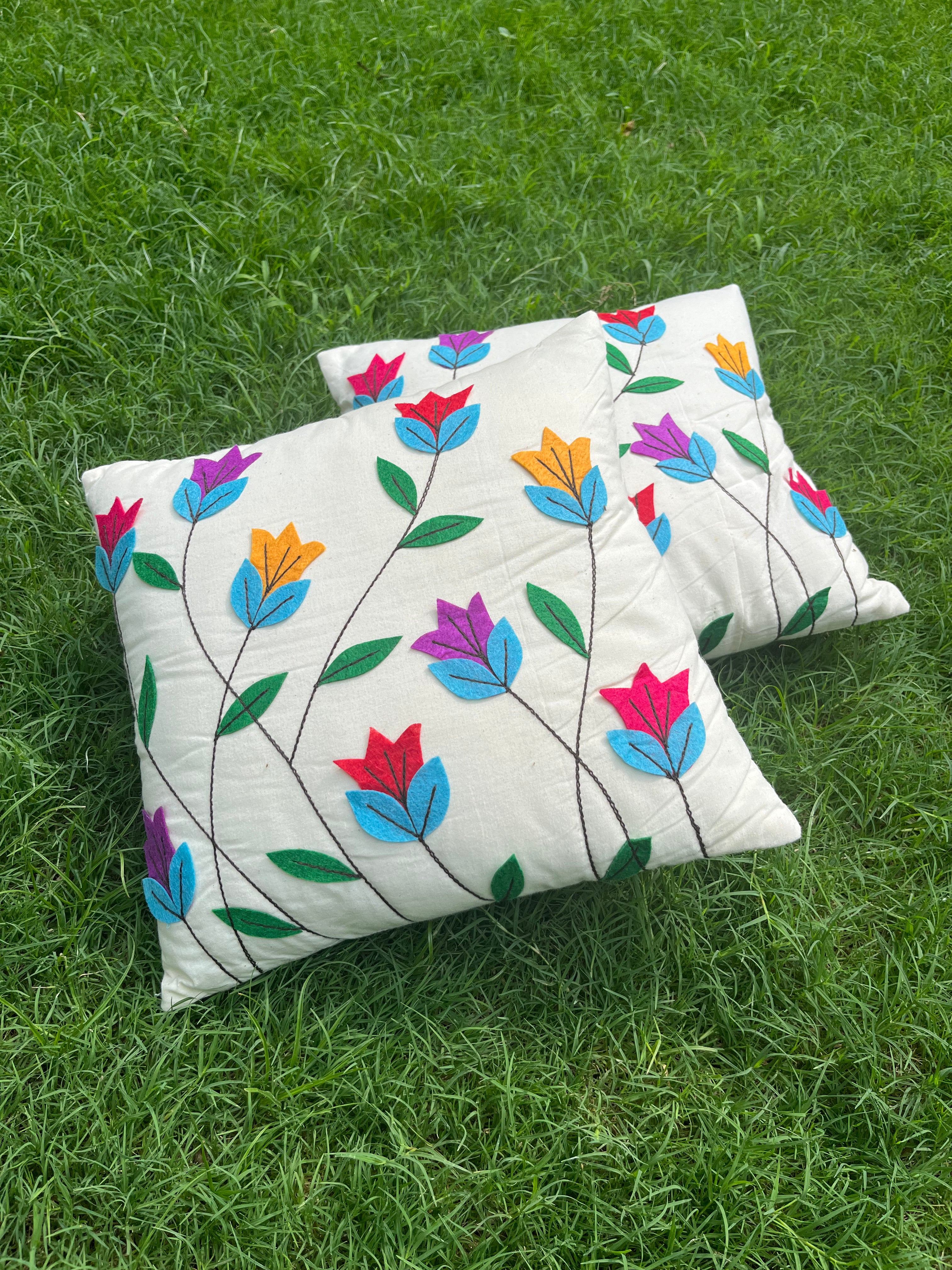 Khadi Cotton Cushion Cover Multicolor Flowers Patchwork