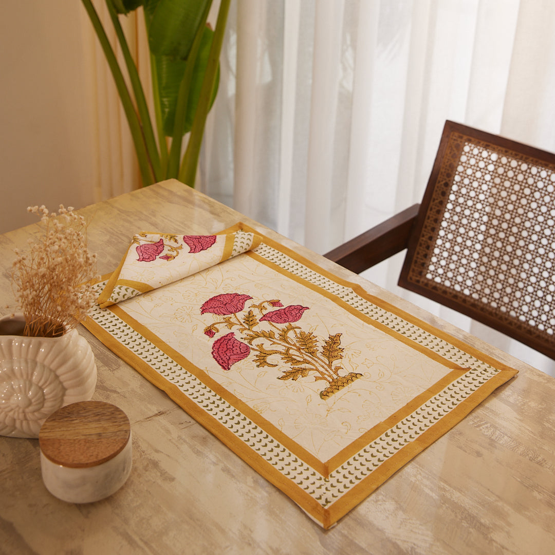 Canvas Table Mat with Napkin Pink Brown Floral Boota Block Print Set of 2