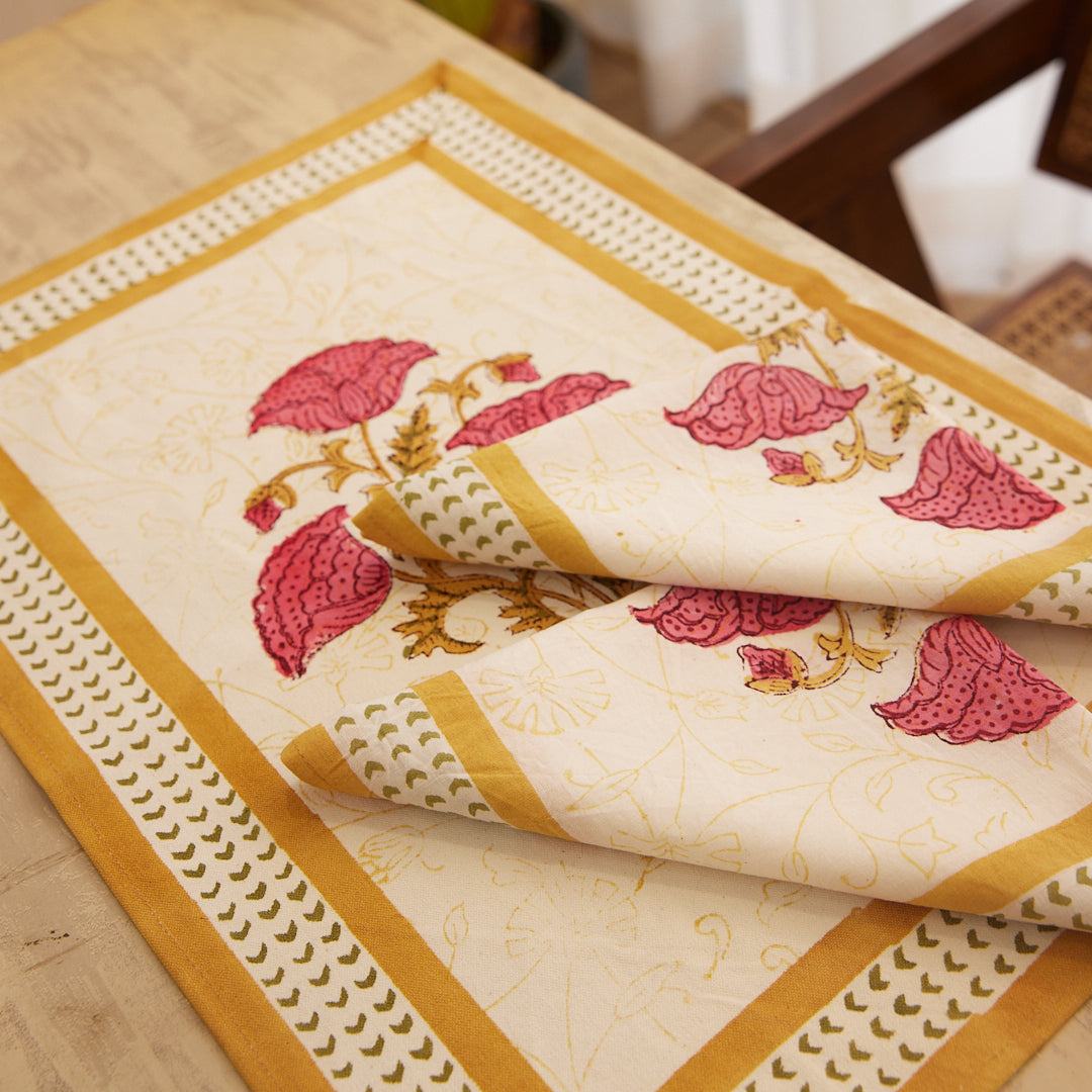 Canvas Table Mat with Napkin Pink Brown Floral Boota Block Print Set of 2