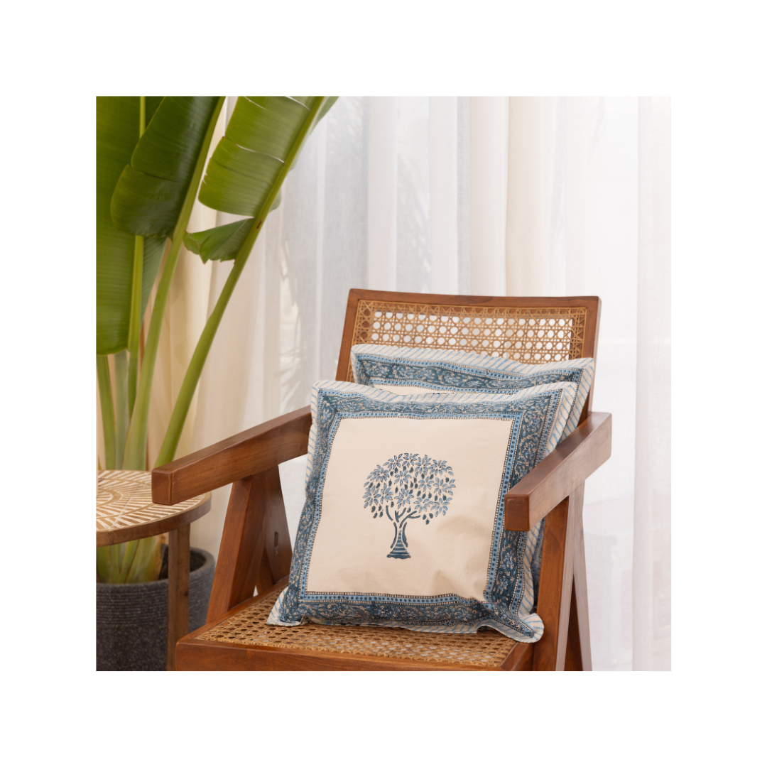Cotton Cushion Cover Blue Floral Block Print