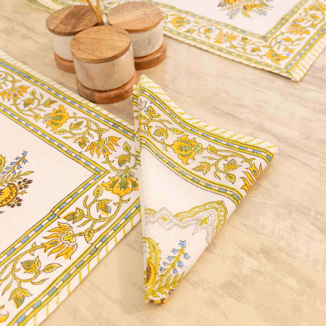 Cotton Table Mate And Napkin Yellow-Green Floral Block Print