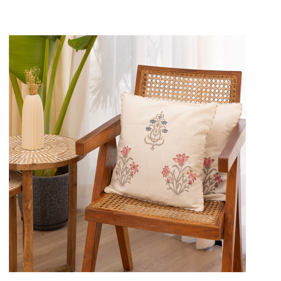 Cotton Pink-Blue Floral Cushion Cover Hand Block Print