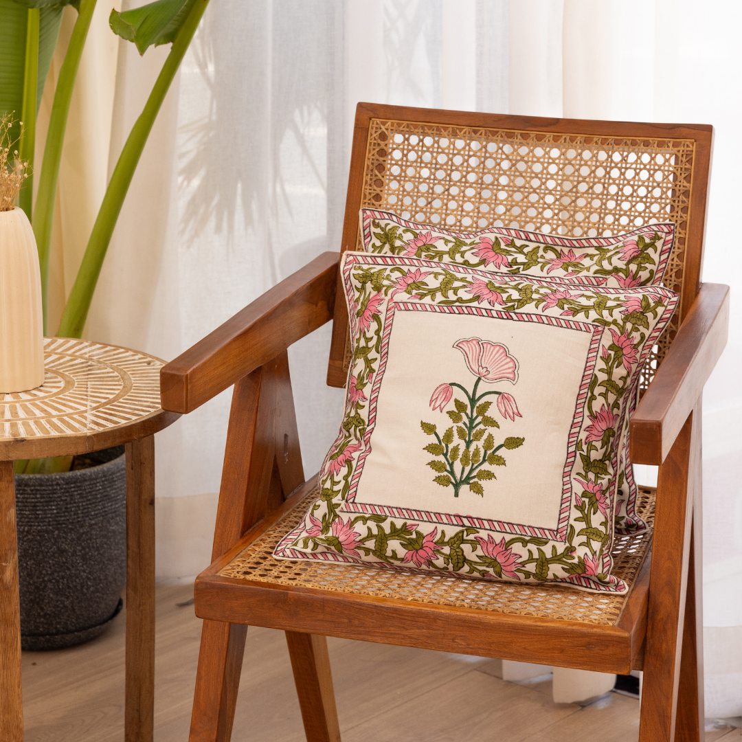 Cotton Pink Dahaliya Block Print Cushion Cover