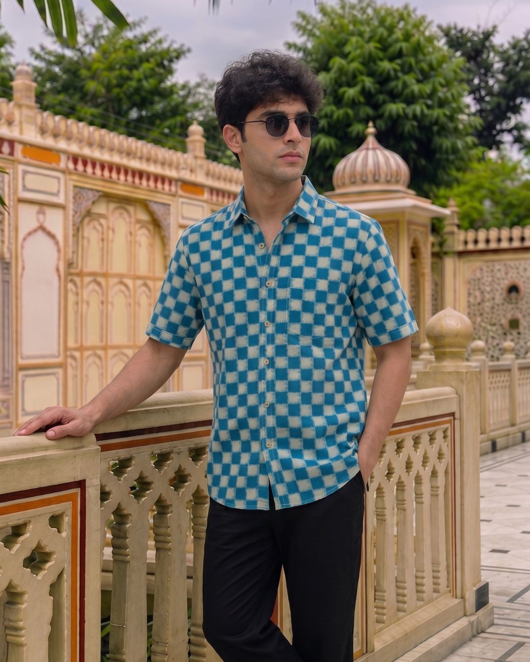 Cotton Blue-White Checkered men's Half Sleeves Shirt