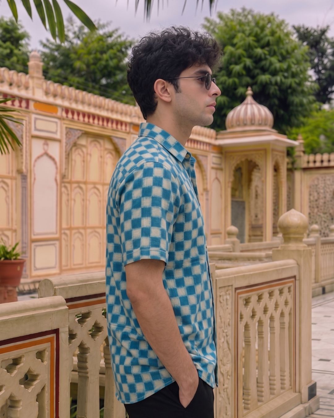 Cotton Blue-White Checkered men's Half Sleeves Shirt