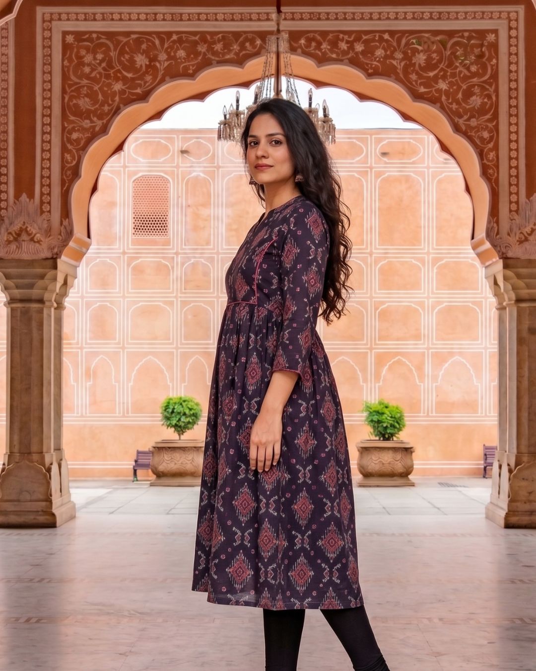 Cotton Black-Red Ikat Block Print Long Kurti