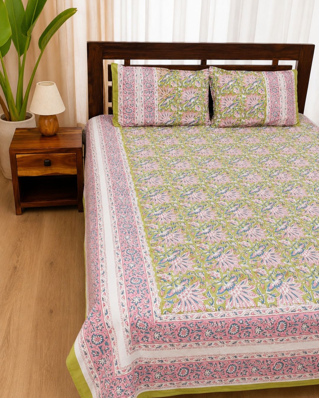 Cotton Queen Size Bedsheet – Satrangi Floral Block Print