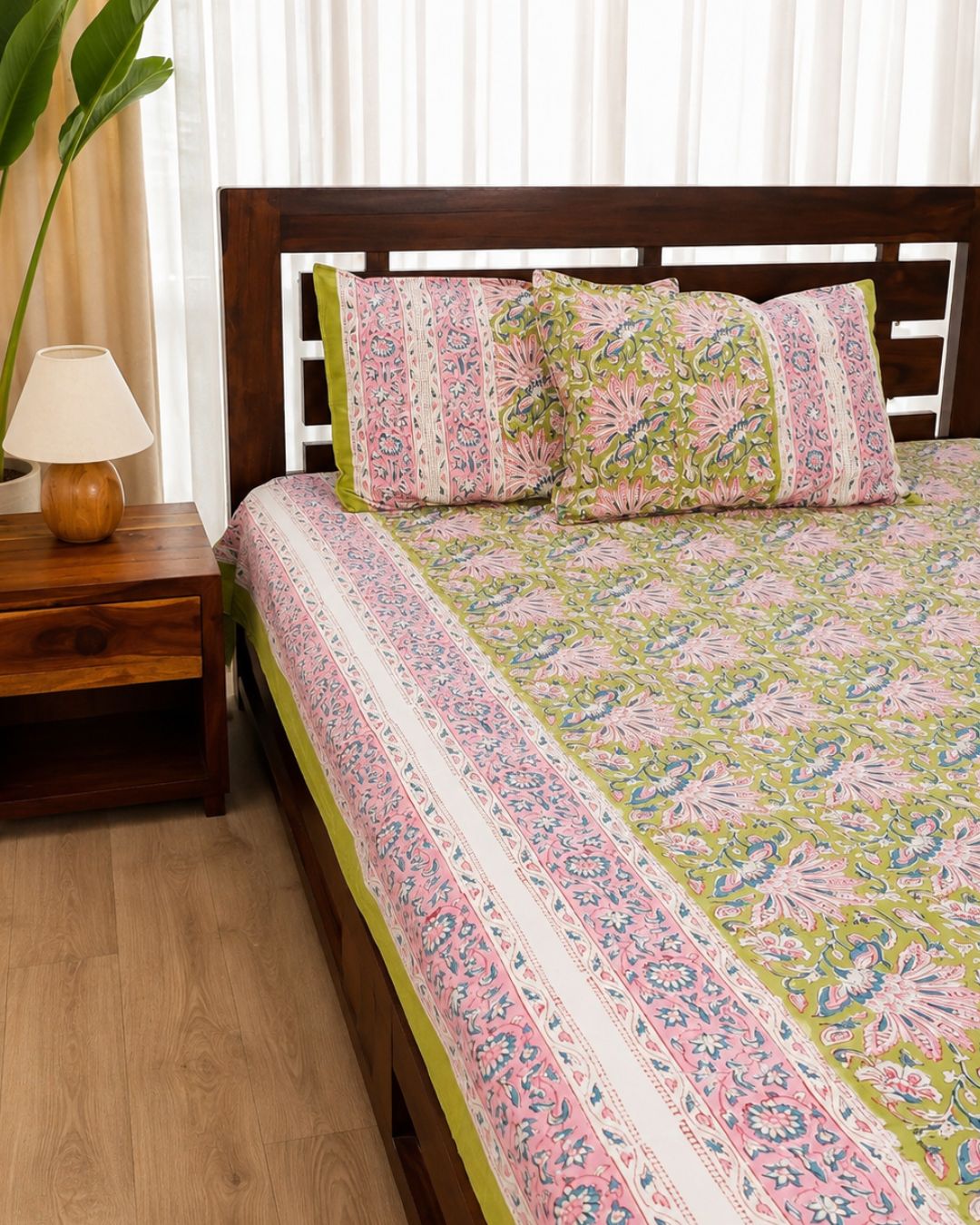 Cotton Queen Size Bedsheet – Satrangi Floral Block Print
