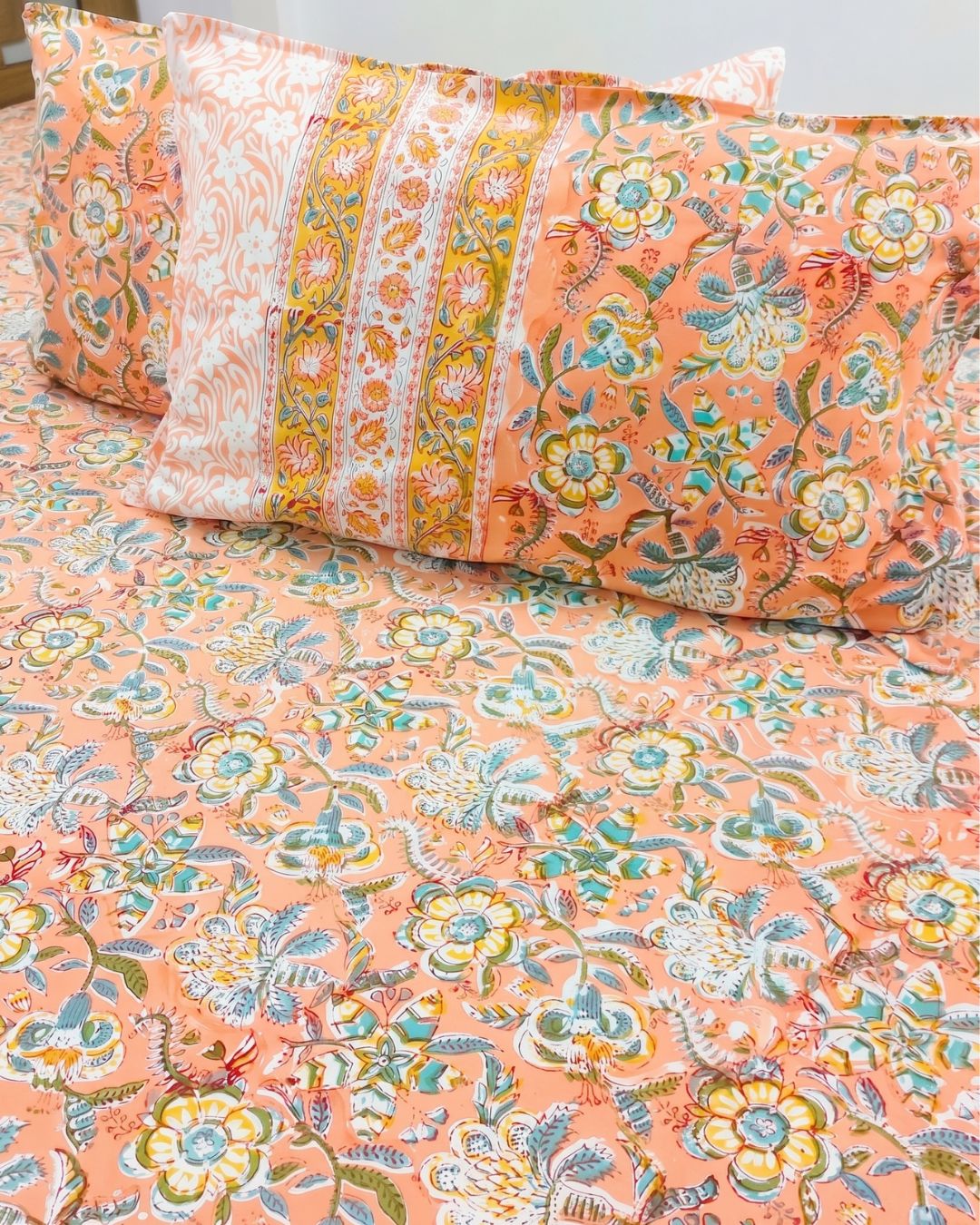 Cotton Queen Size Bedsheet – Peach Floral Block Print with Designer Border