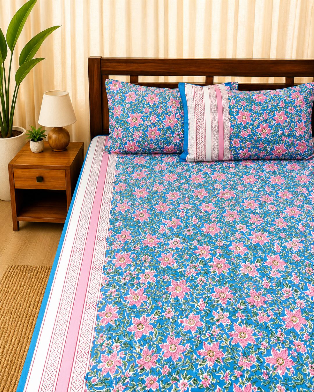 Cotton Queen Size Bedsheet – Blue Floral Block Print with Pink Border