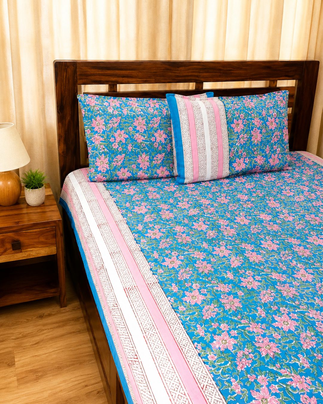 Cotton Queen Size Bedsheet – Blue Floral Block Print with Pink Border