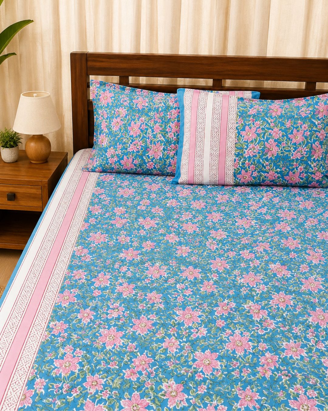 Cotton Queen Size Bedsheet – Blue Floral Block Print with Pink Border