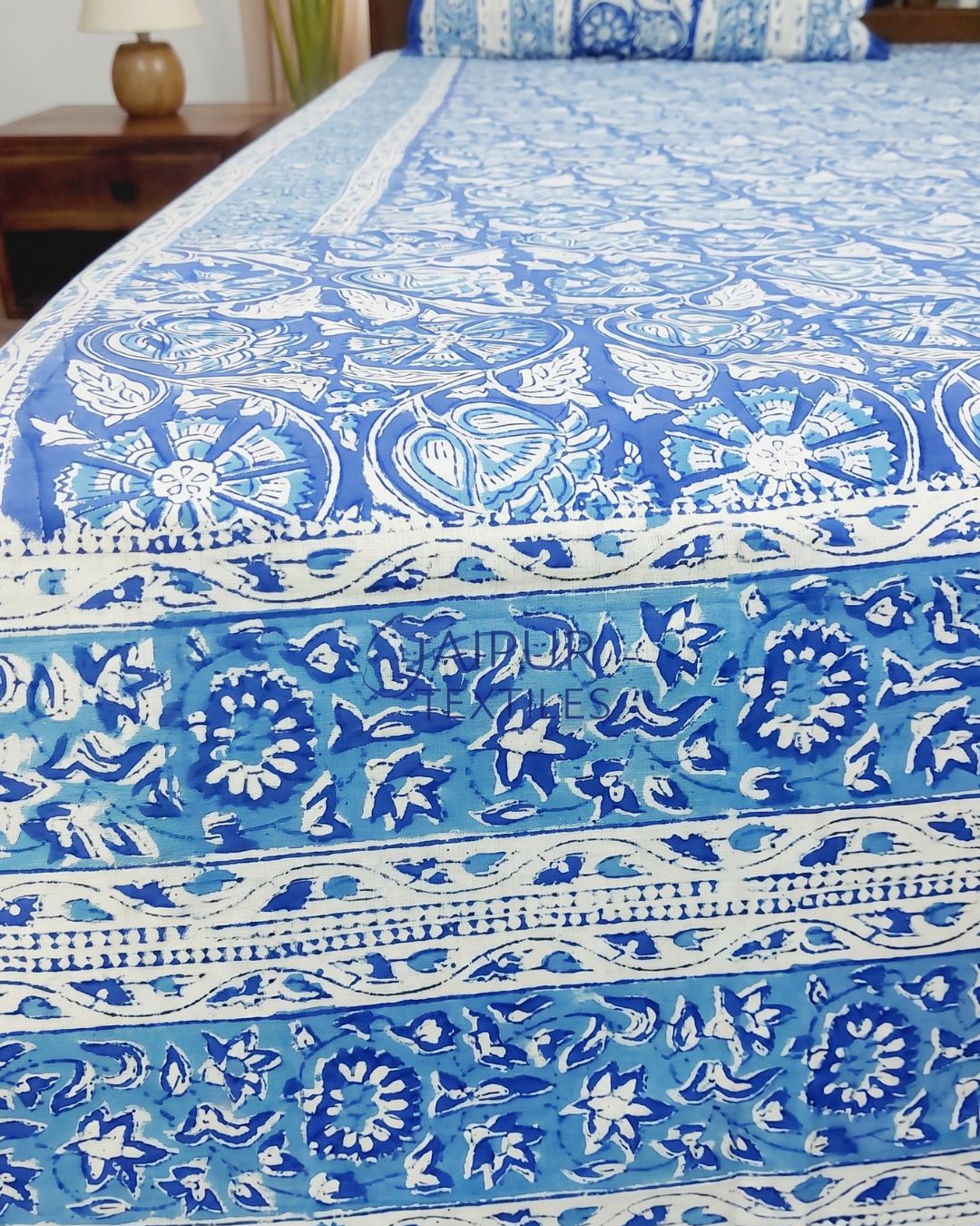 Cotton Queen Size Bedsheet – Ocean Blue Floral Block Print