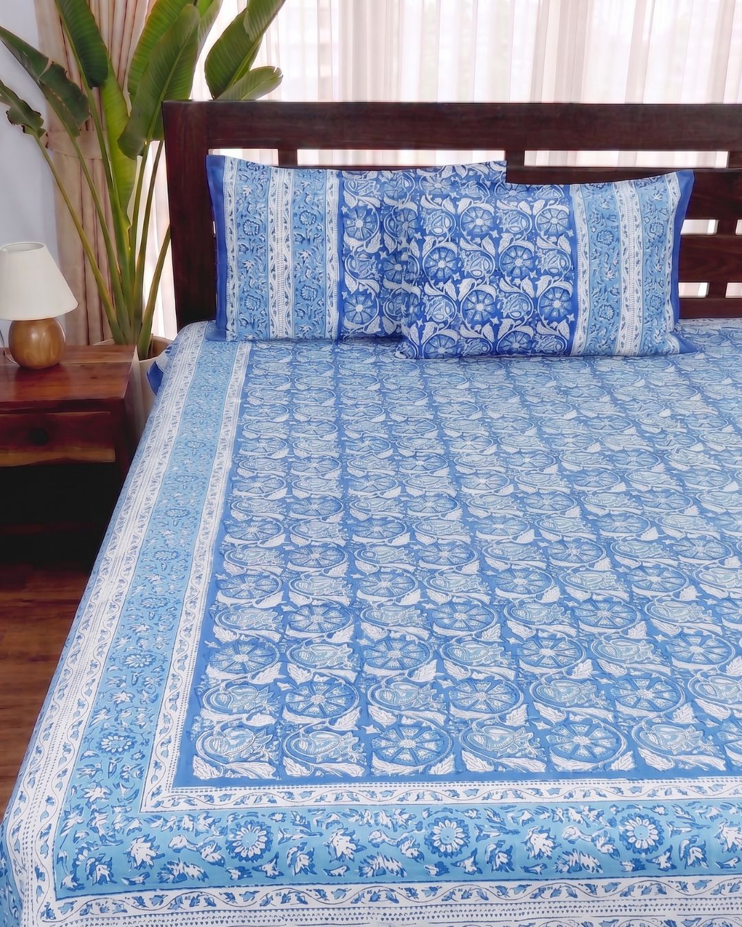 Cotton Queen Size Bedsheet – Ocean Blue Floral Block Print