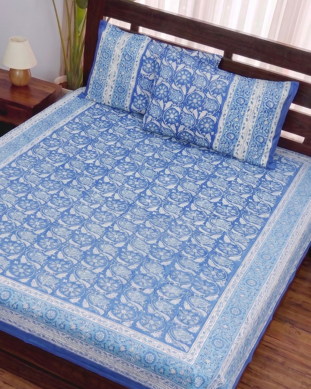 Cotton Queen Size Bedsheet – Ocean Blue Floral Block Print