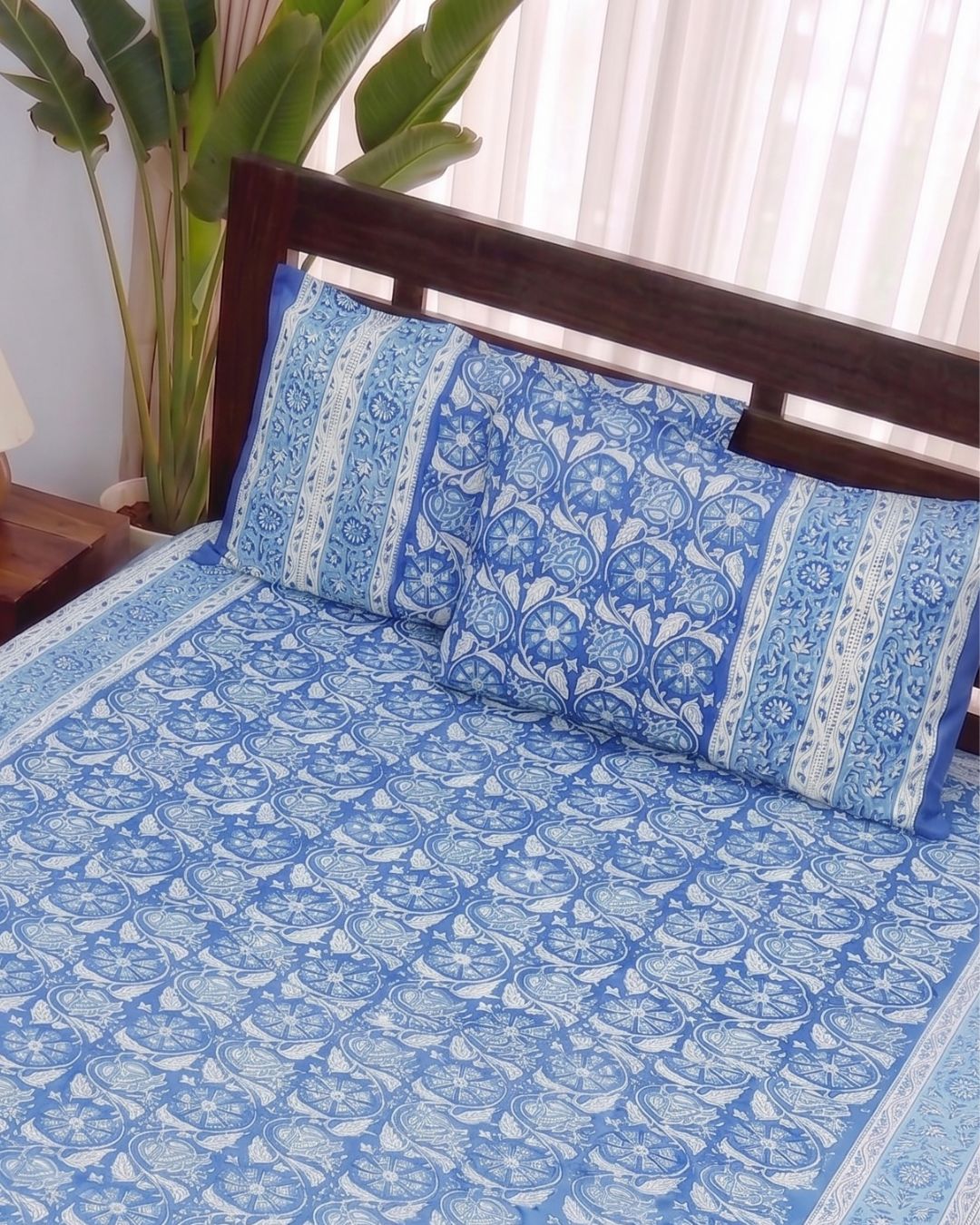 Cotton Queen Size Bedsheet – Ocean Blue Floral Block Print