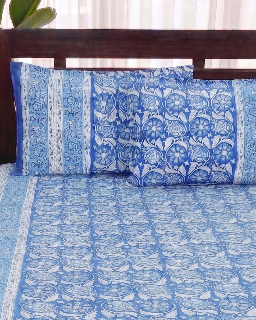 Cotton Queen Size Bedsheet – Ocean Blue Floral Block Print
