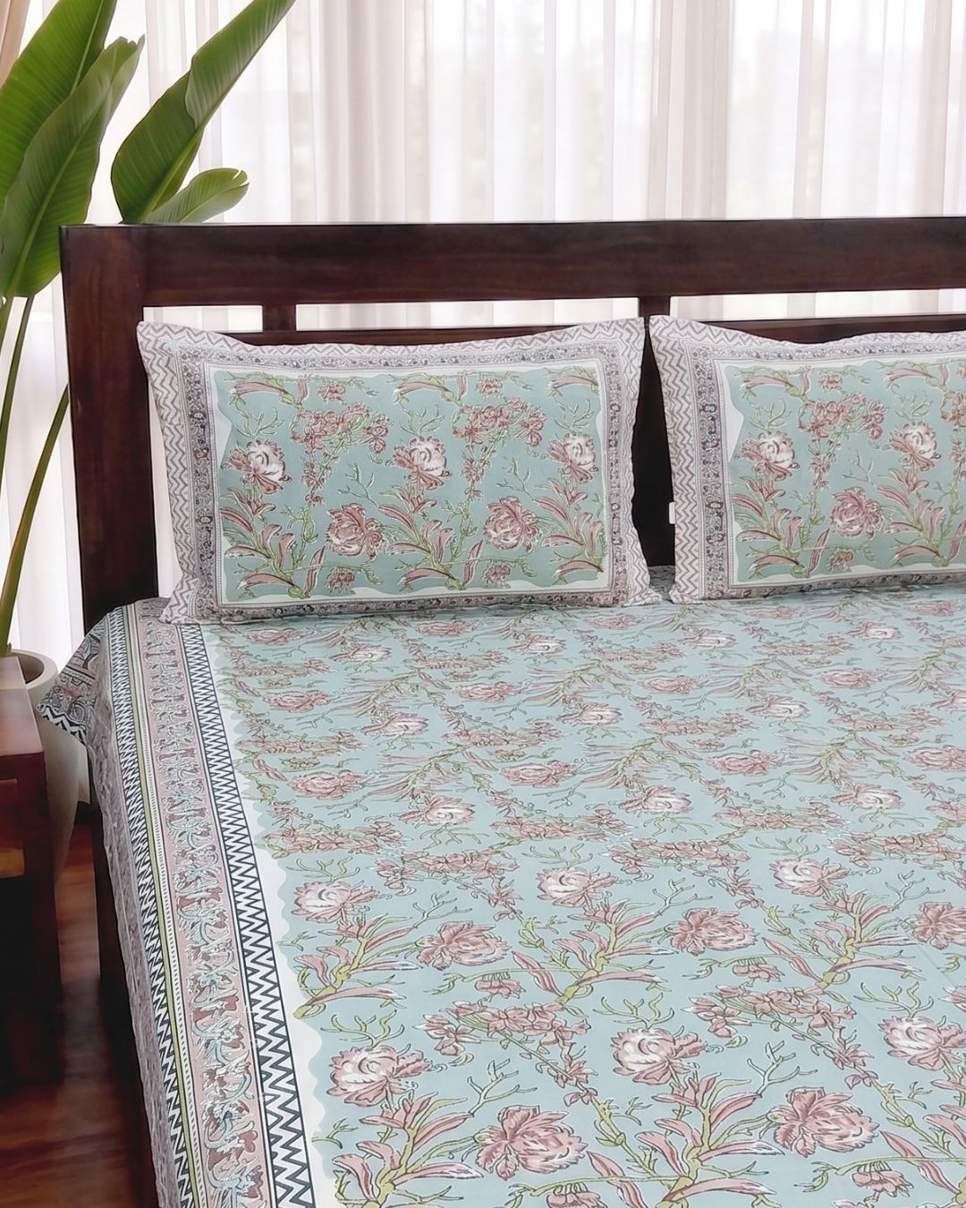 Cotton Queen Size Bedsheet – Pastel Blue Elegant Floral Print