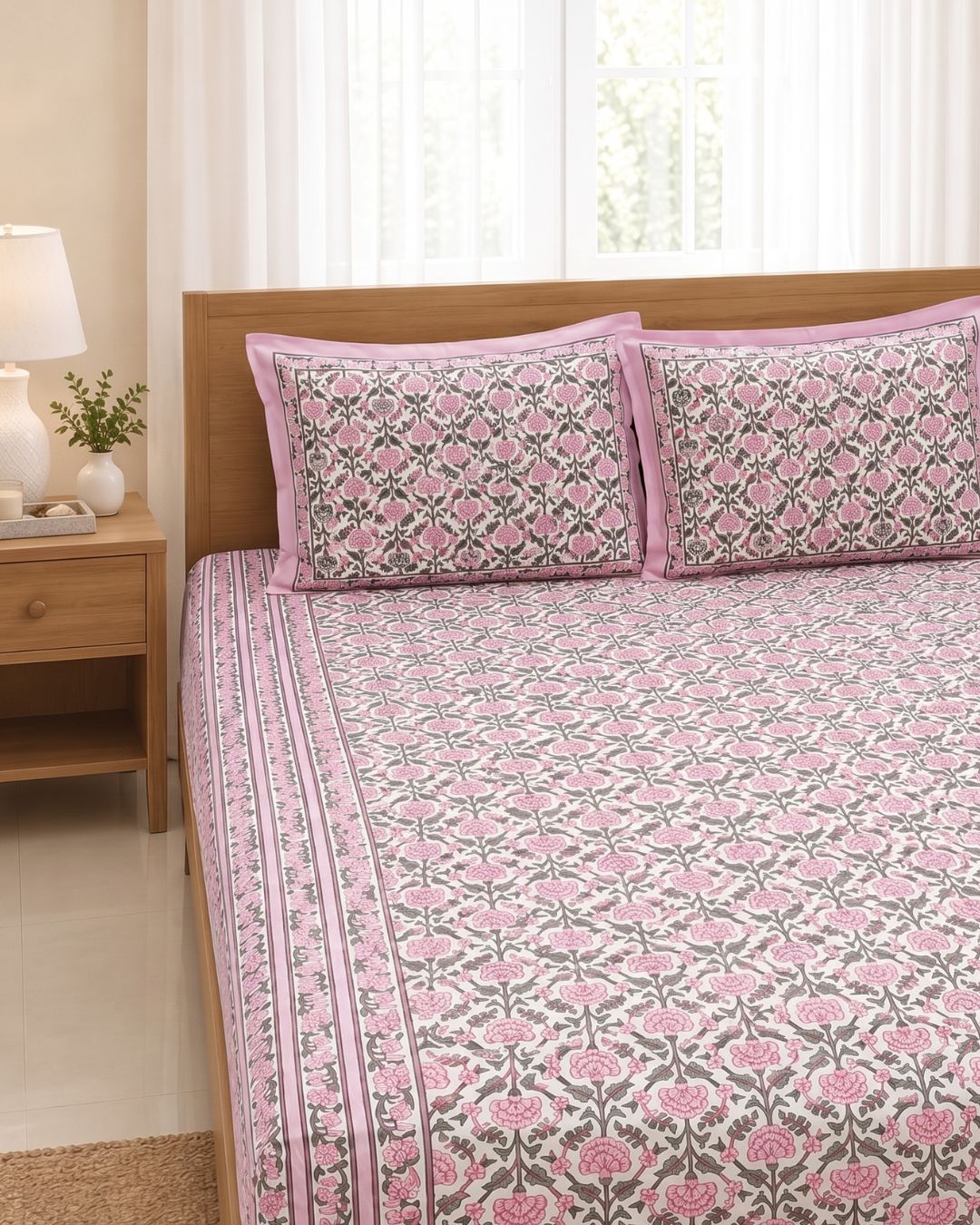 Cotton Floral Pink-White Bal Print King Size Bedsheet