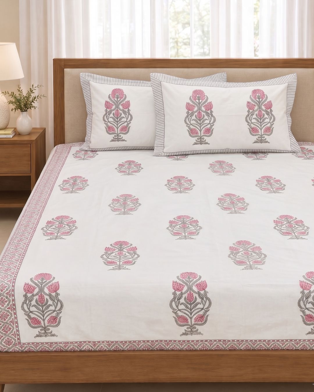 Super Fine Cotton bedsheet Pink-Grey Floral Boota Block Print