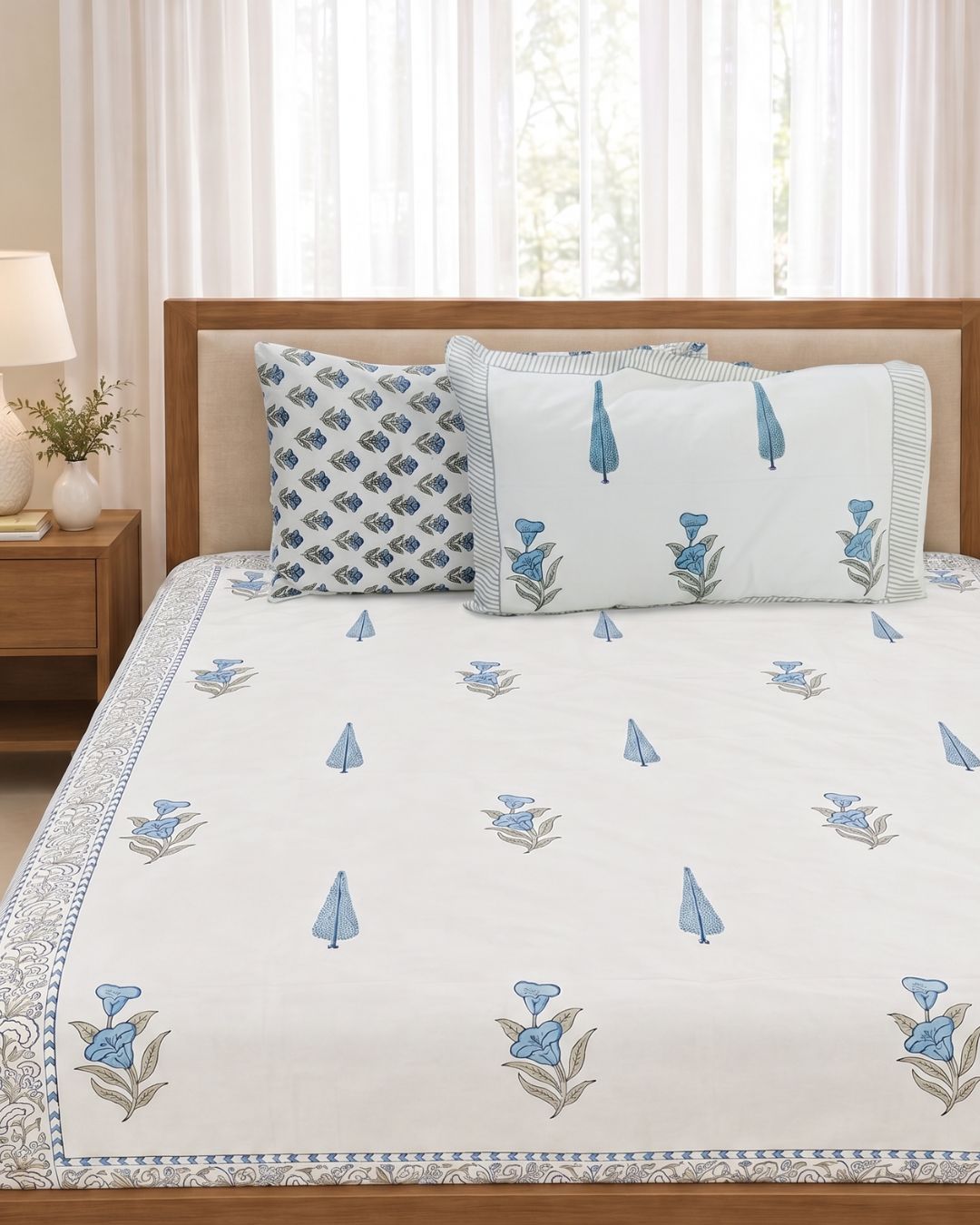 Super Fine Cotton bedsheet Blue-Grey Leaf Booti Block Print