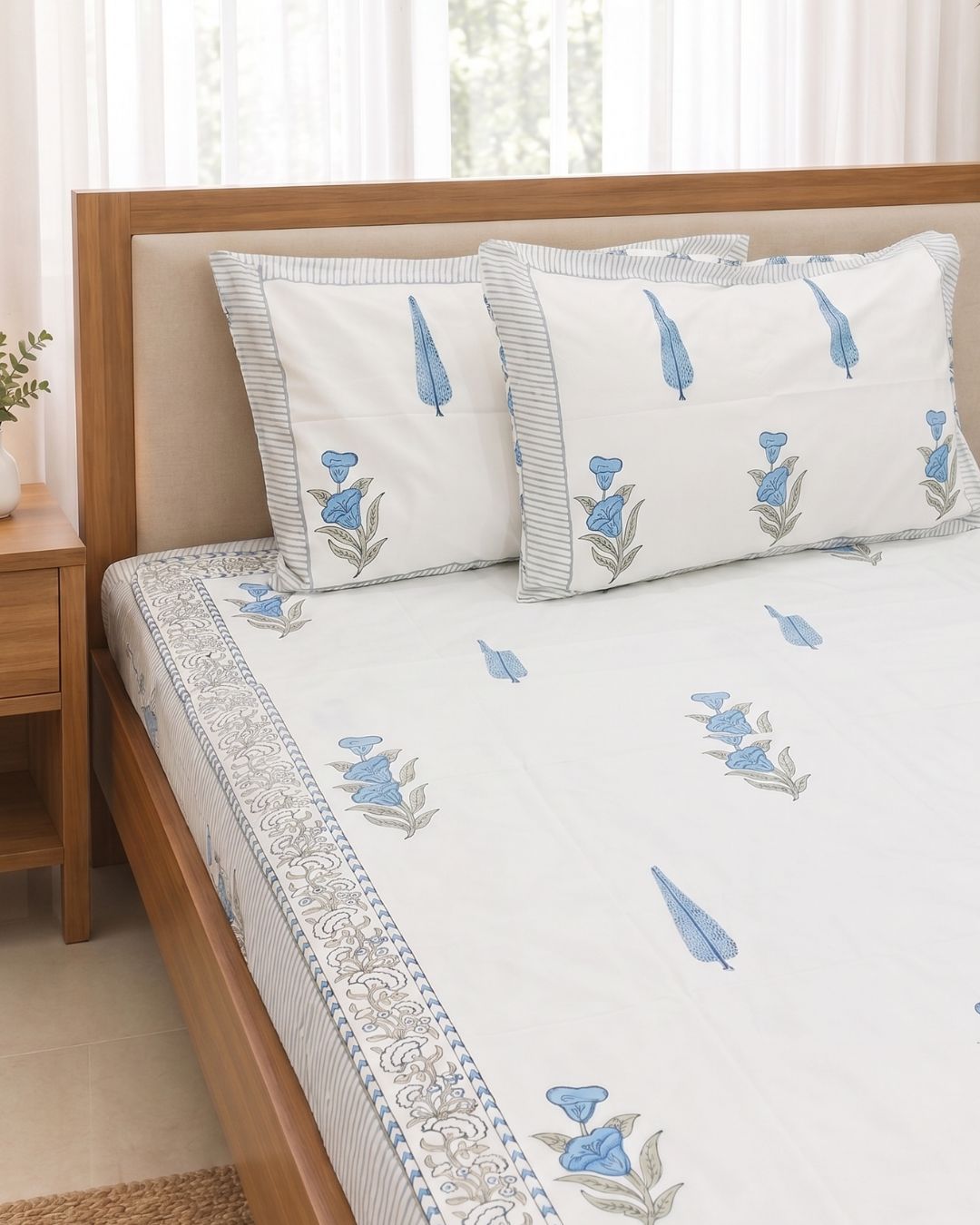 Super Fine Cotton bedsheet Blue-Grey Leaf Booti Block Print