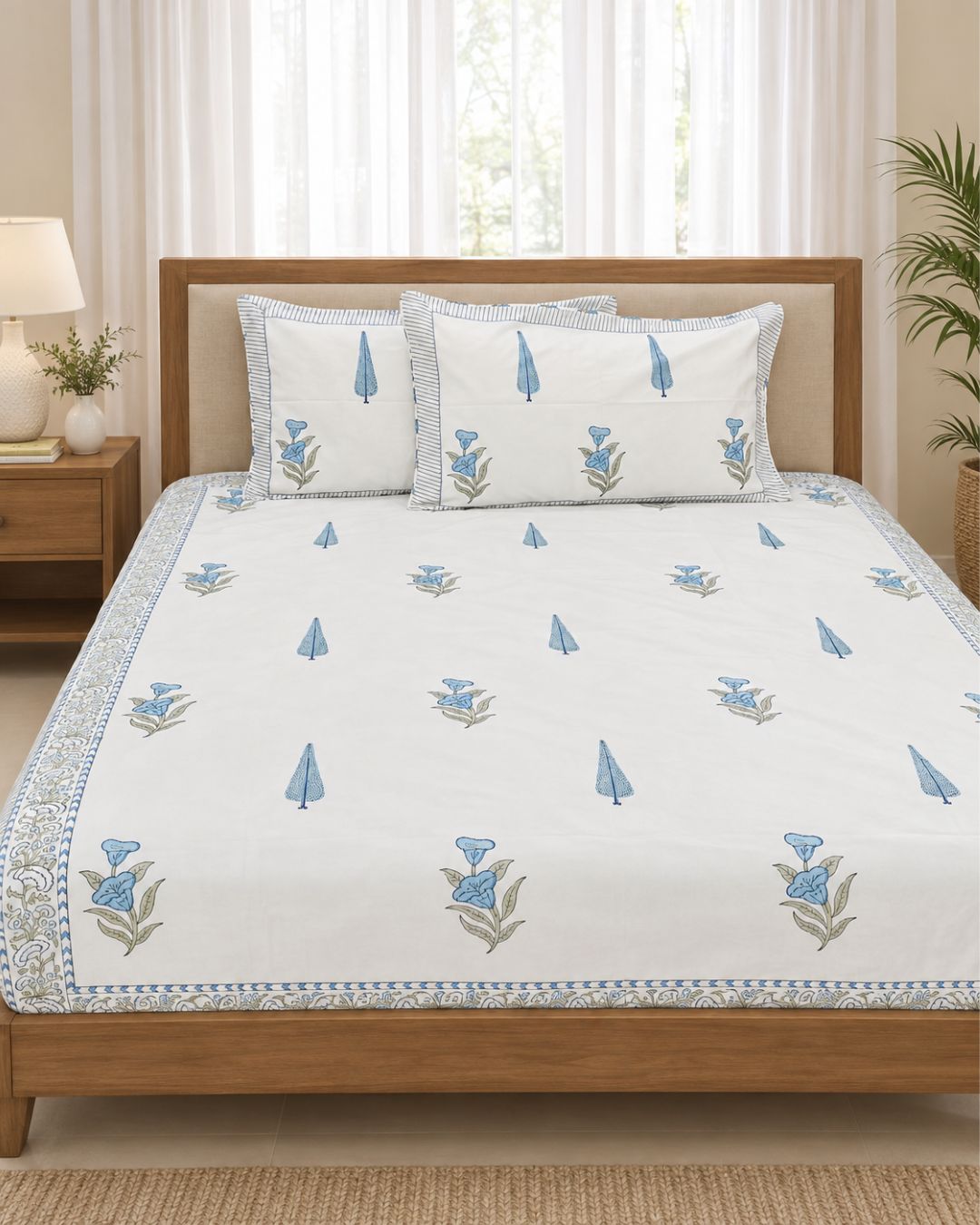 Super Fine Cotton bedsheet Blue-Grey Leaf Booti Block Print