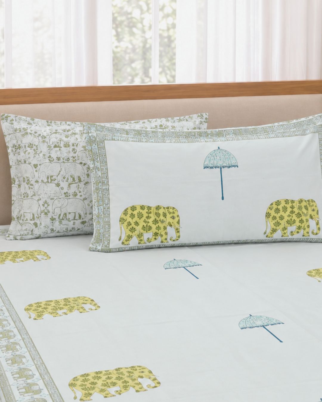 Super Fine Cotton Double Bed Sheet Yellow Elephant Umbrella Block Print