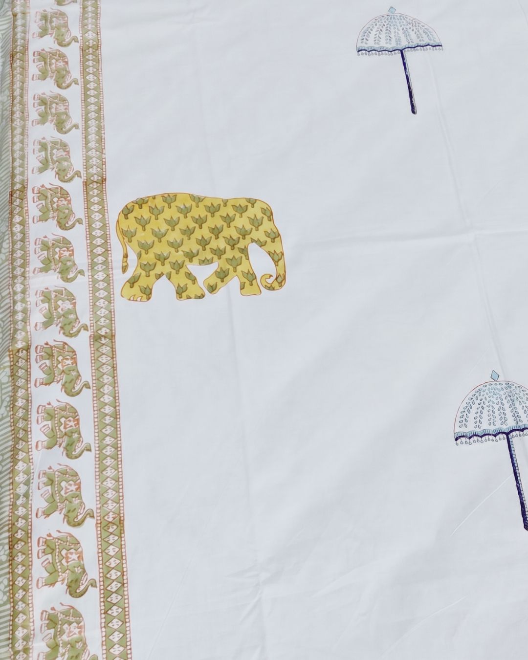 Super Fine Cotton Double Bed Sheet Yellow Elephant Umbrella Block Print