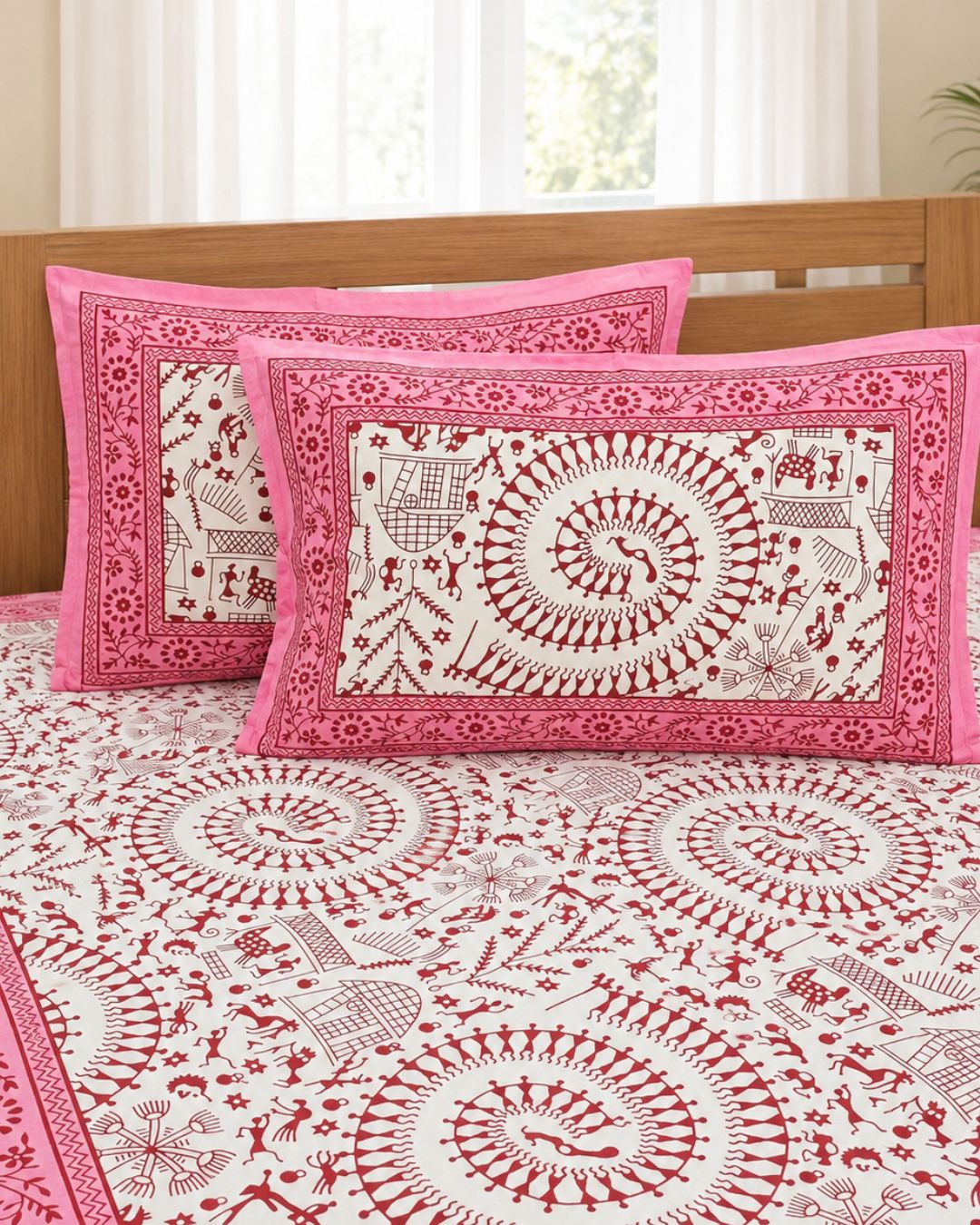 Cotton Queen Size Bedsheet – Pink & White Warli Folk Art & Floral Print