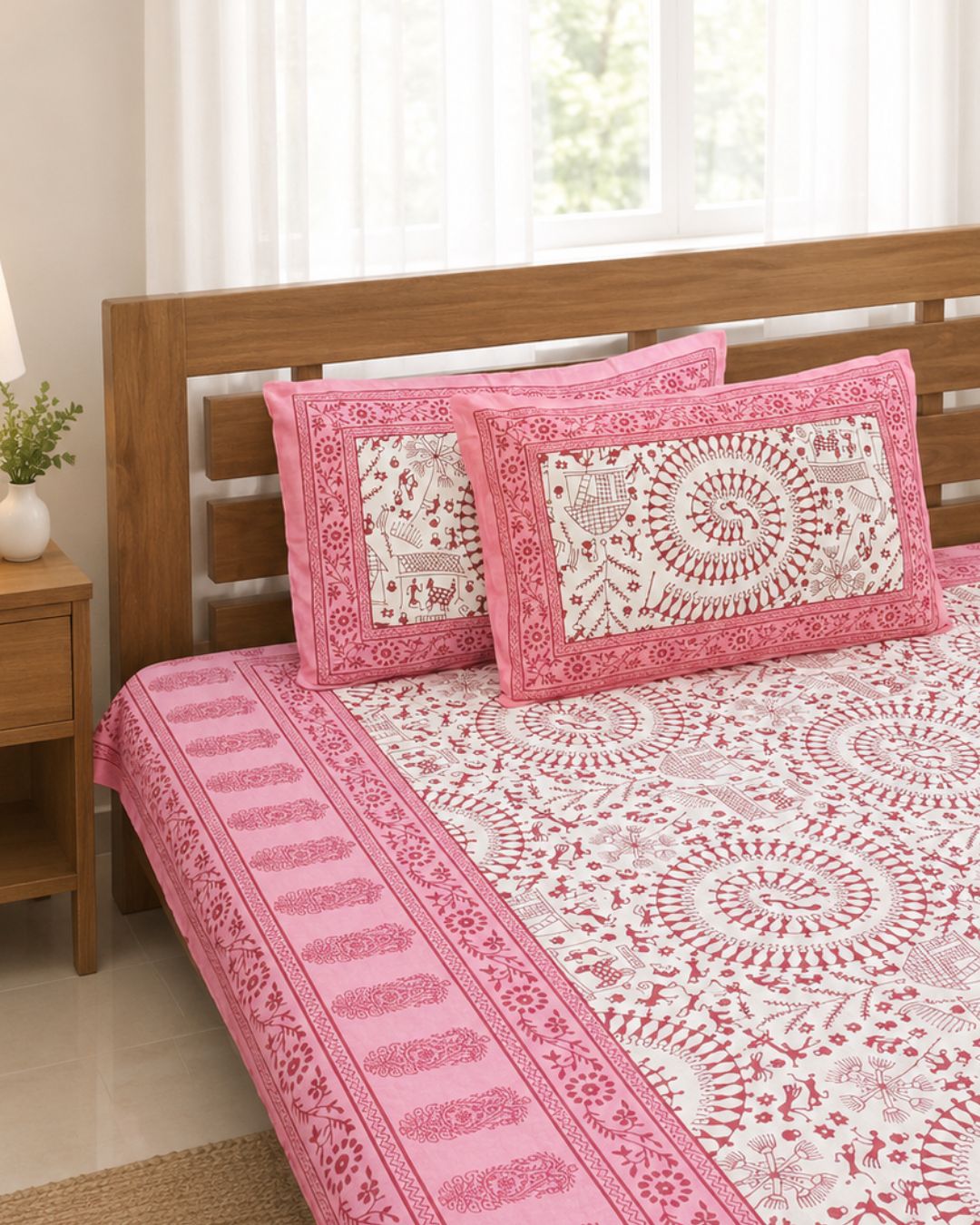 Cotton Queen Size Bedsheet – Pink & White Warli Folk Art & Floral Print