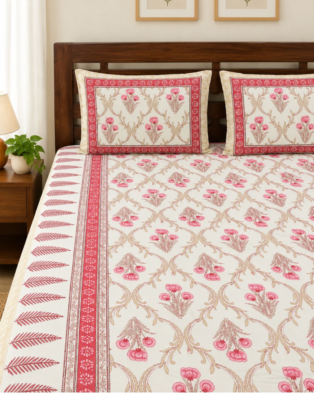 Cotton Queen Size Bedsheet – Pink and Beige Blooming Floral Print