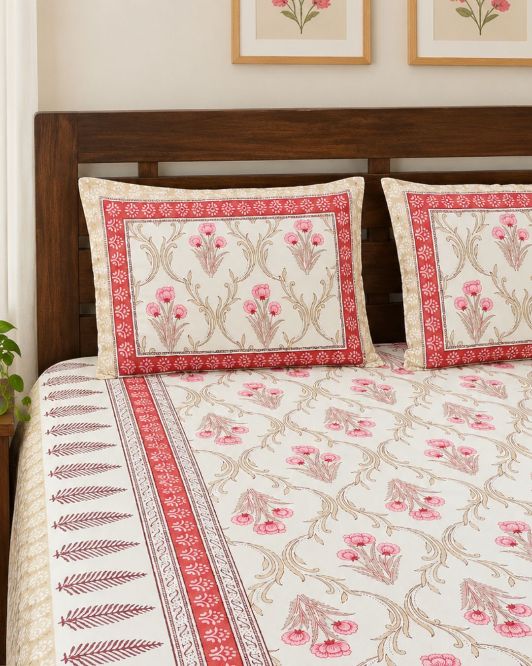 Cotton Queen Size Bedsheet – Pink and Beige Blooming Floral Print