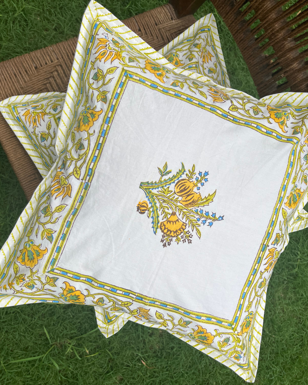 Cotton Bright Yellow Boota Block Print Cushion Cover