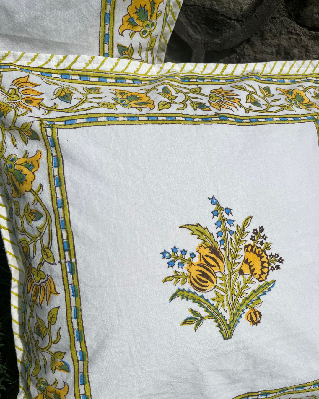 Cotton Bright Yellow Boota Block Print Cushion Cover