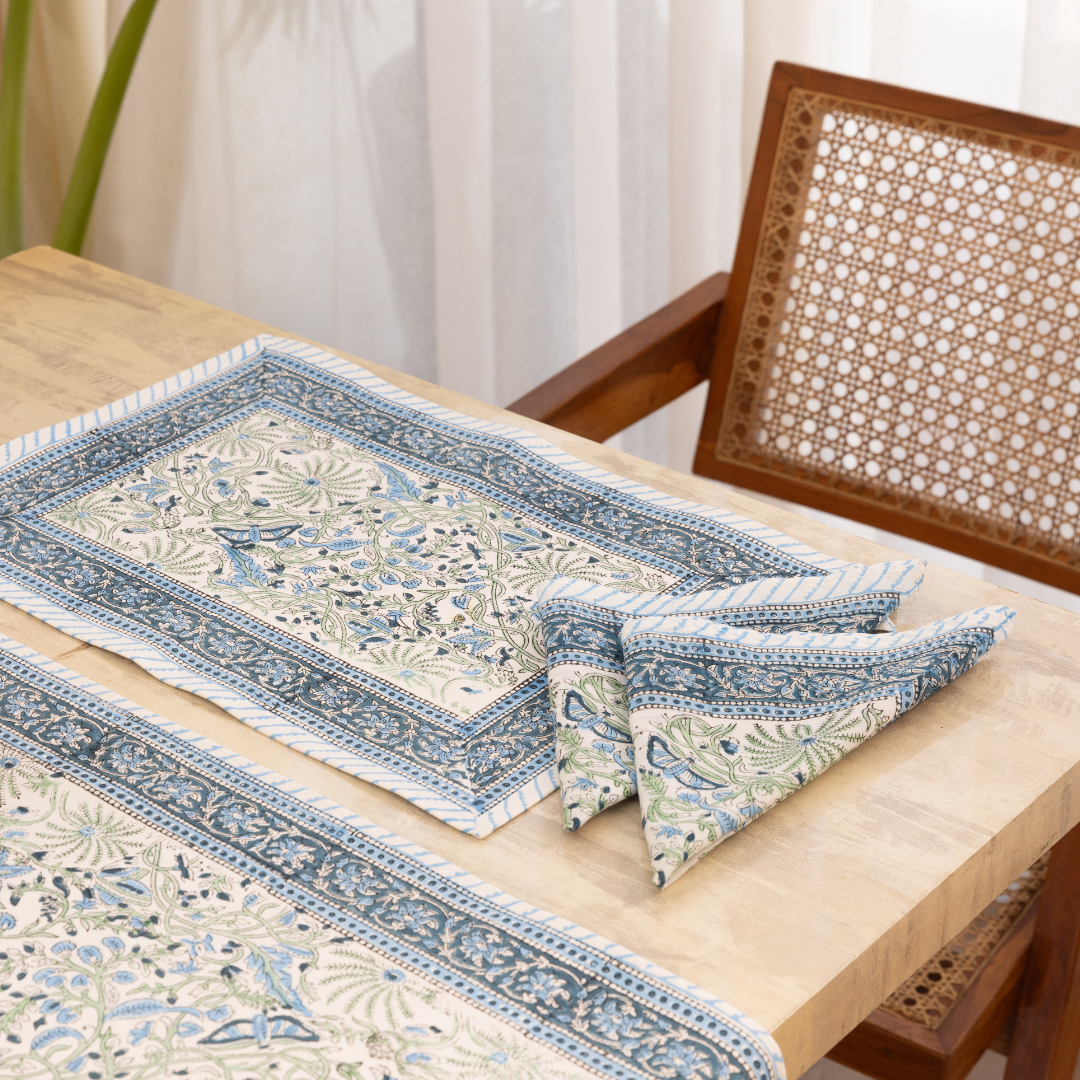 Cotton Table Mate And Napkin Blue-Green Floral Jaal Block Print