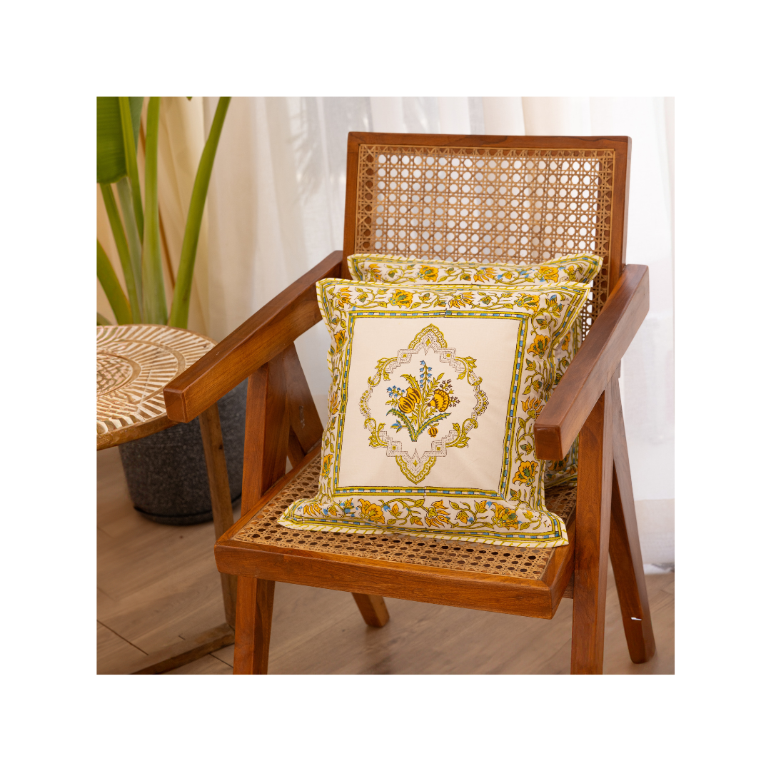 COTTON BRIGHT YELLOW BOOTA BLOCK PRINT CUSHION COVER