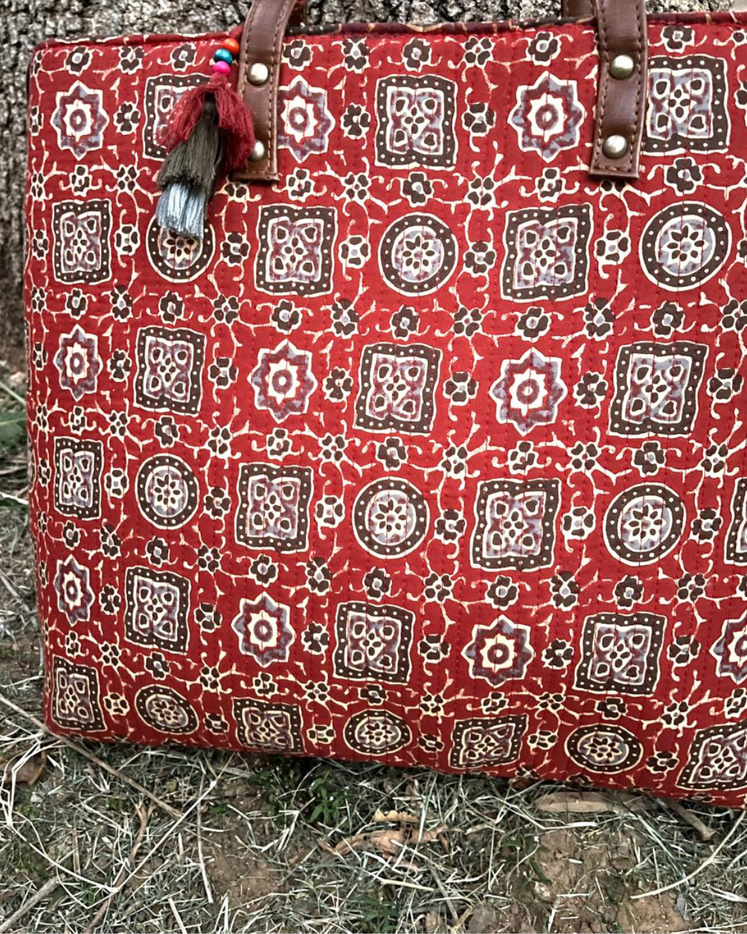 Red Bagru Print Tote Bag