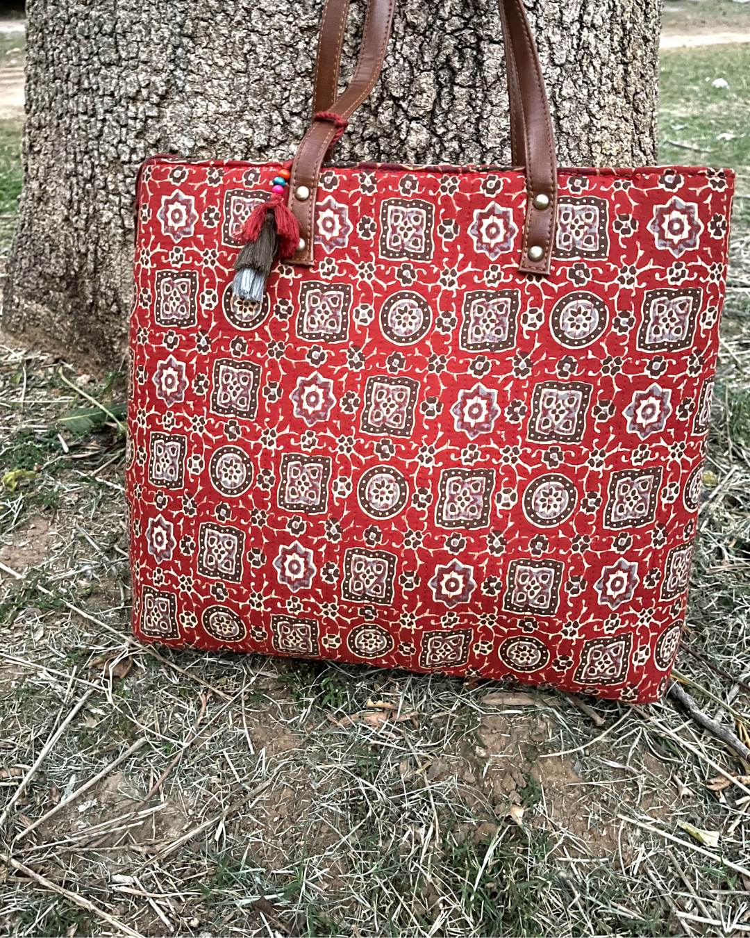Red Bagru Print Tote Bag
