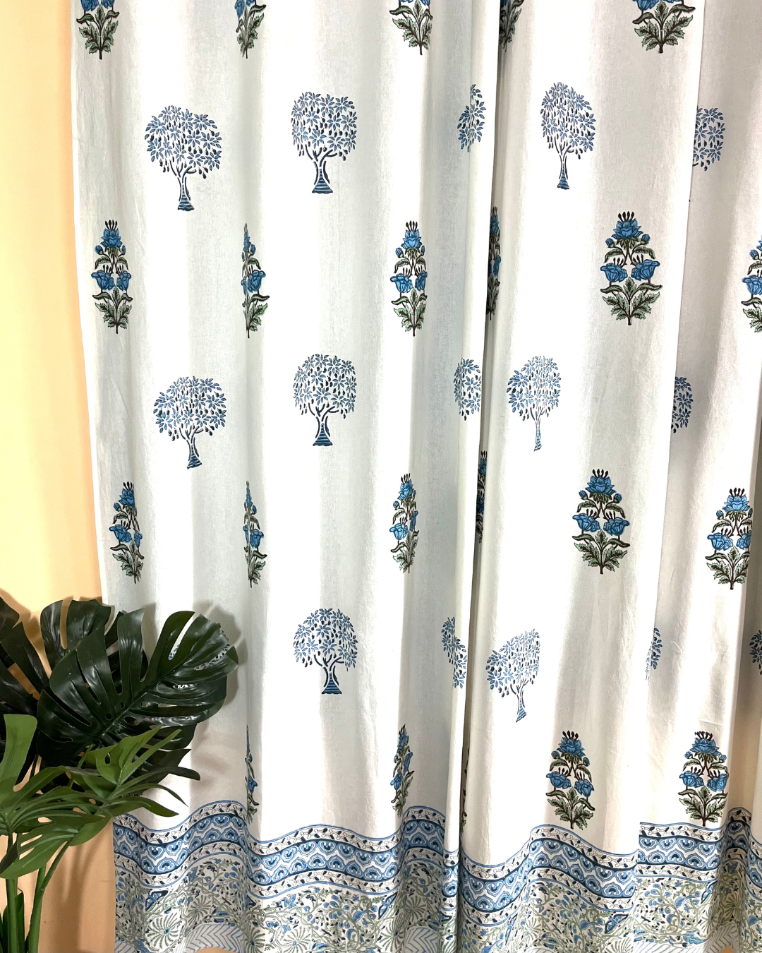 Cotton Curtain Blue-Green Floral Block Print