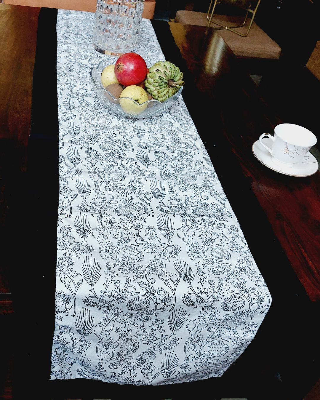 Canvas Table Runner Black Leaf Boota Block Print