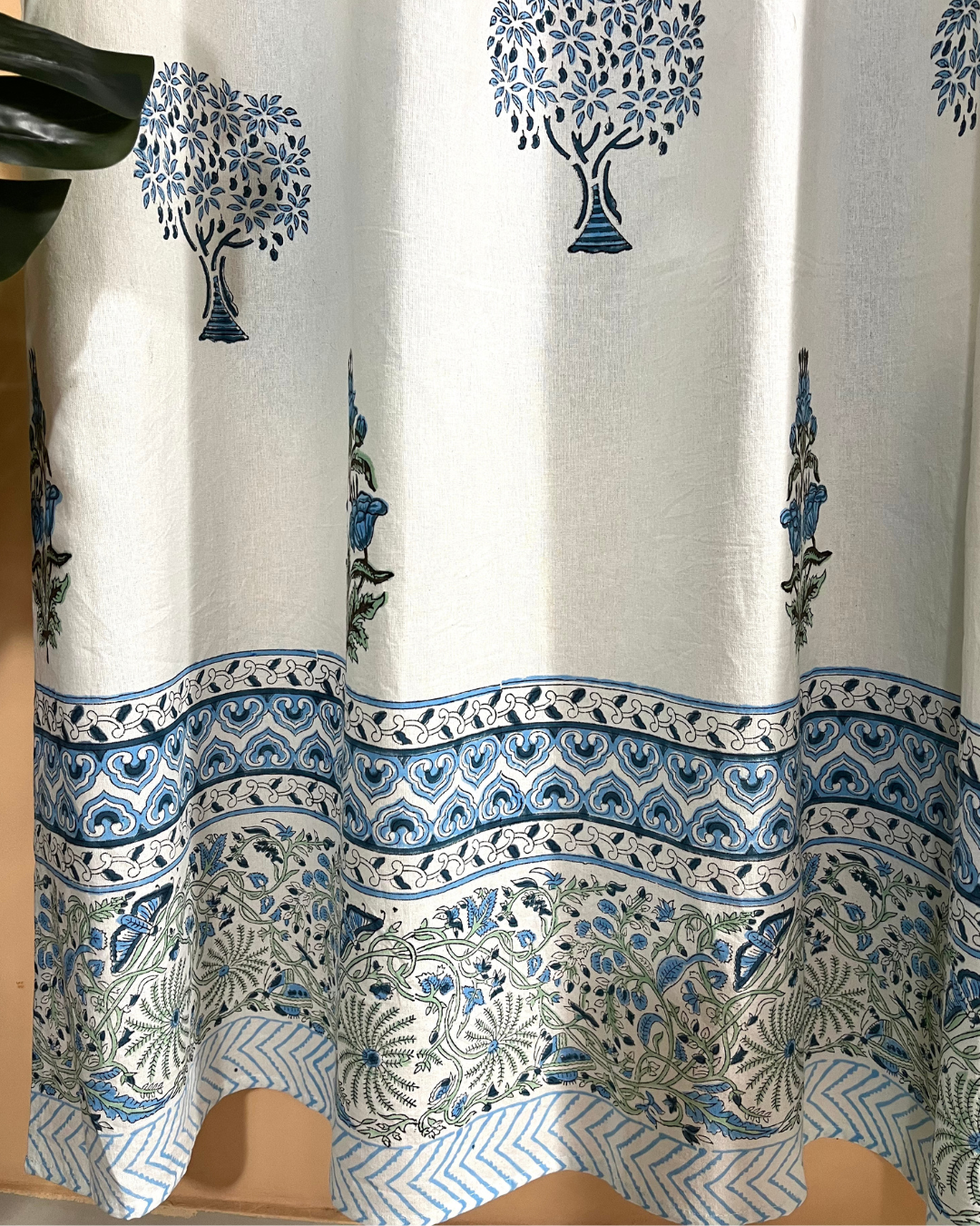 Cotton Curtain Blue-Green Floral Block Print