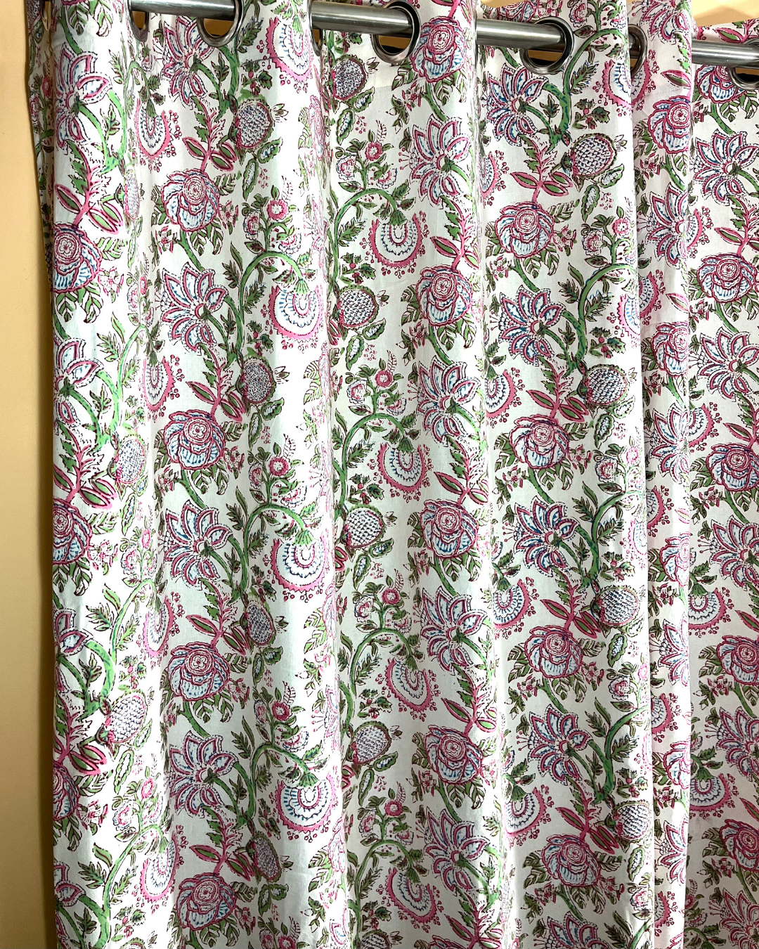 Cotton Curtain Pink Green leaf Jaal Block Print