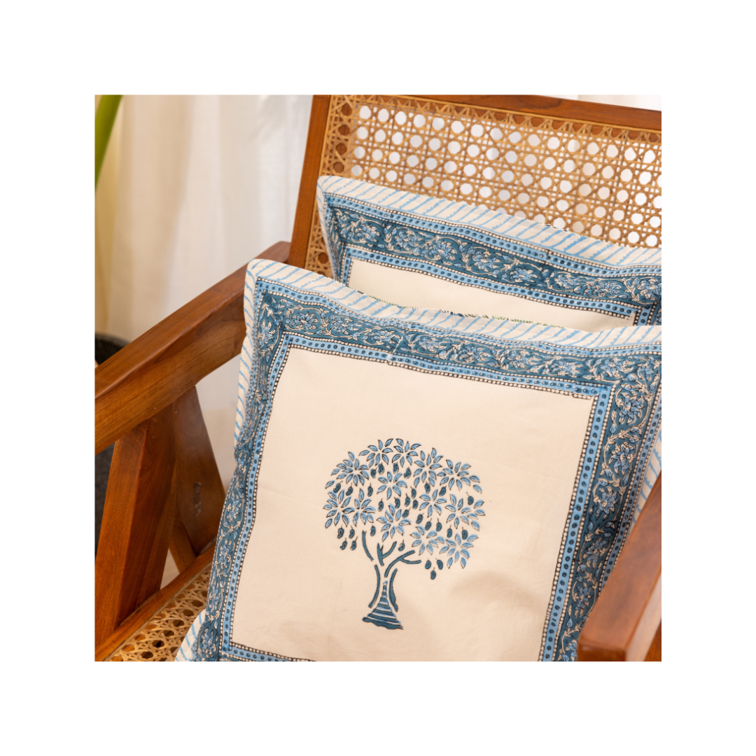 Cotton Cushion Cover Blue Floral Block Print