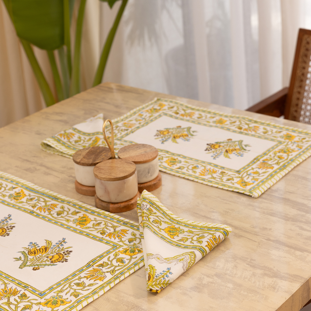 Cotton Table Mate And Napkin Yellow Green Floral Block Print