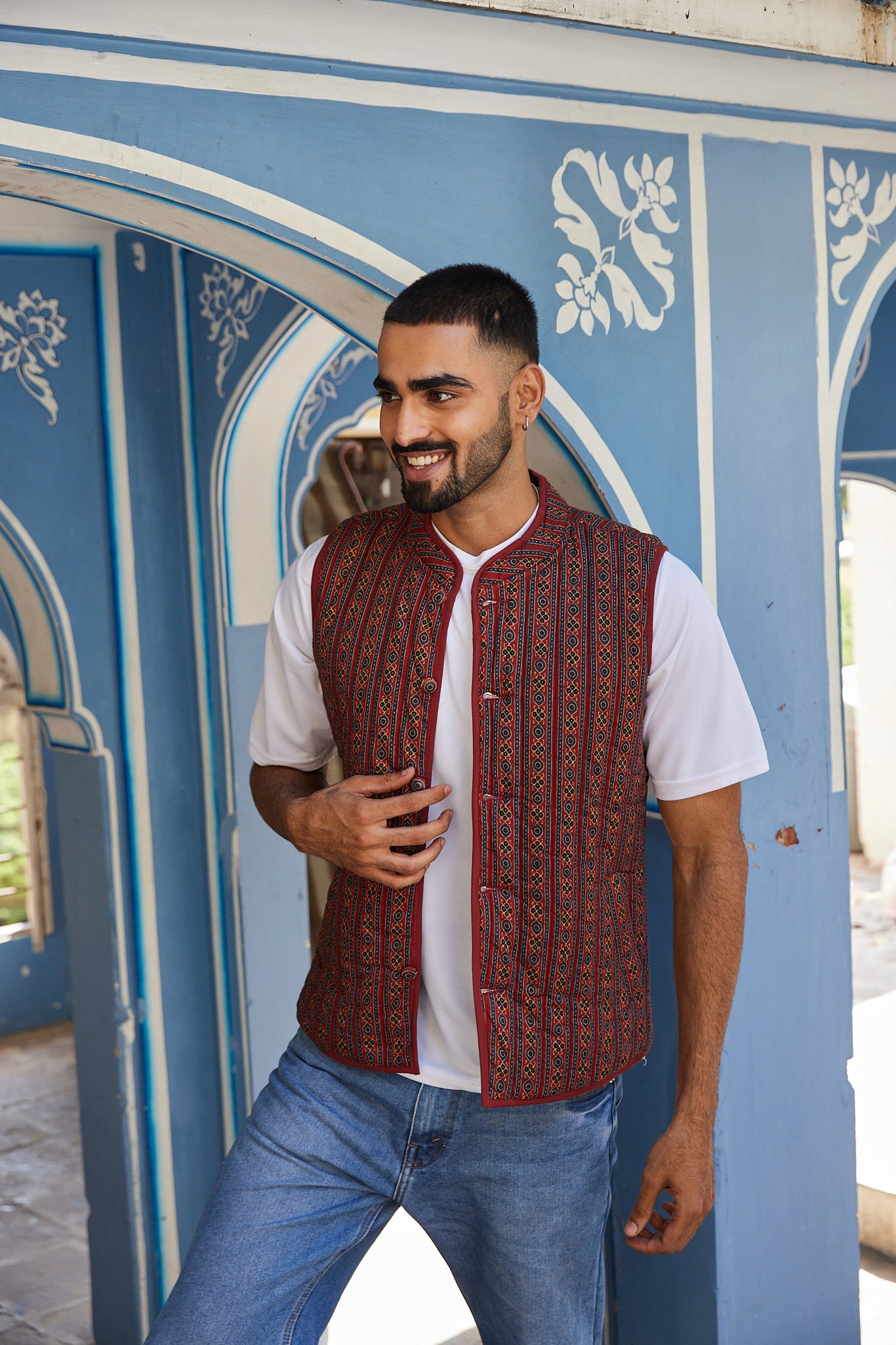 Cotton Men's Quilted Red-Blue Floral Sleevless Jacket