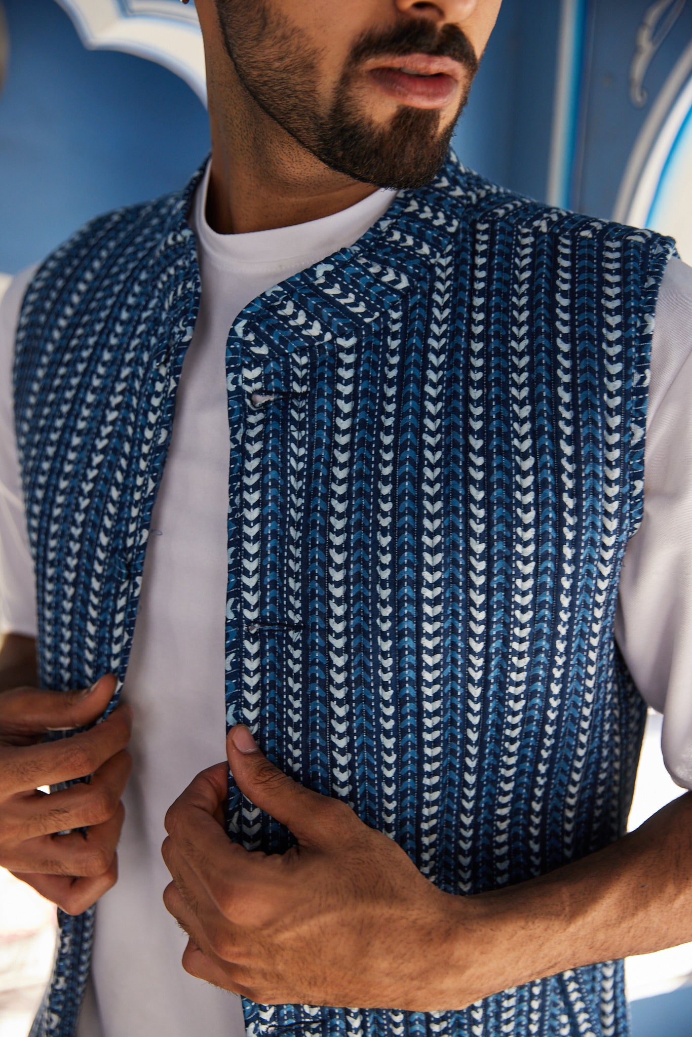 Cotton Men's Quilted Blue-White Kantha Sleevless Jacket