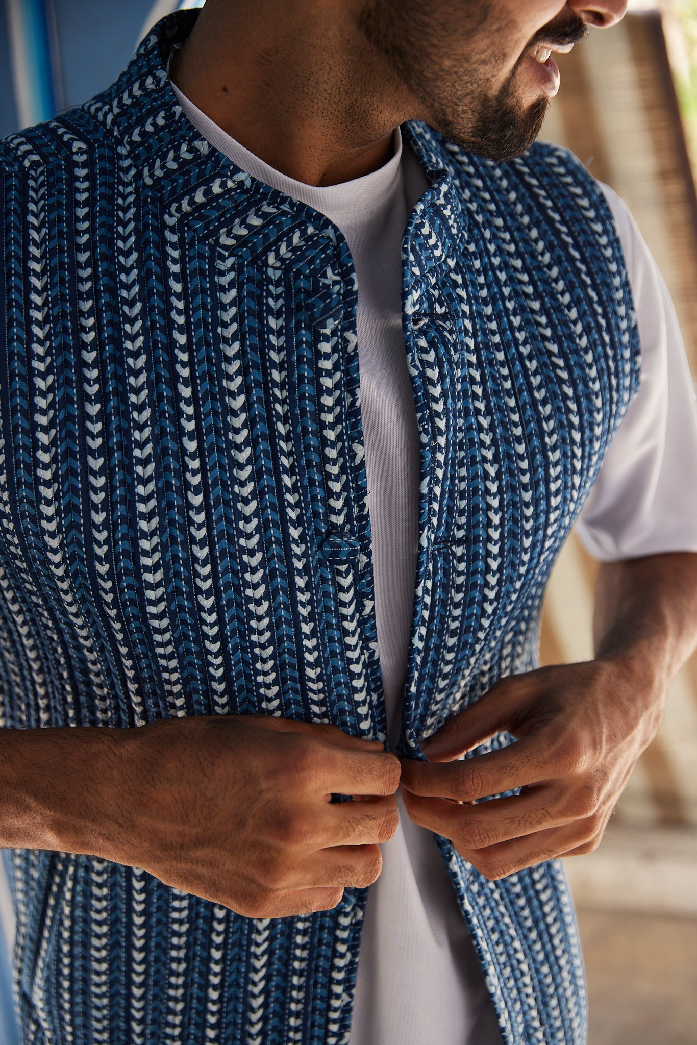 Cotton Men's Quilted Blue-White Kantha Sleevless Jacket