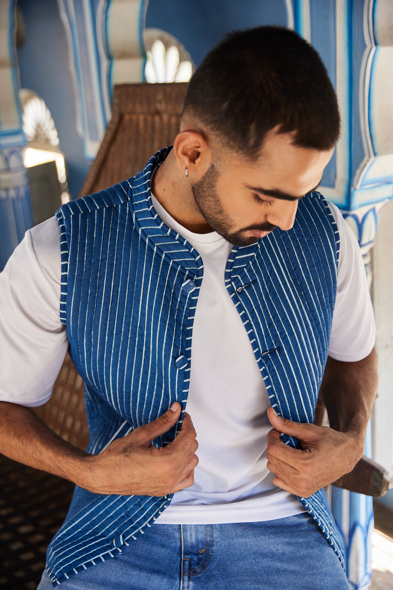 Cotton Men's Quilted Blue Stripes Sleevless Jacket