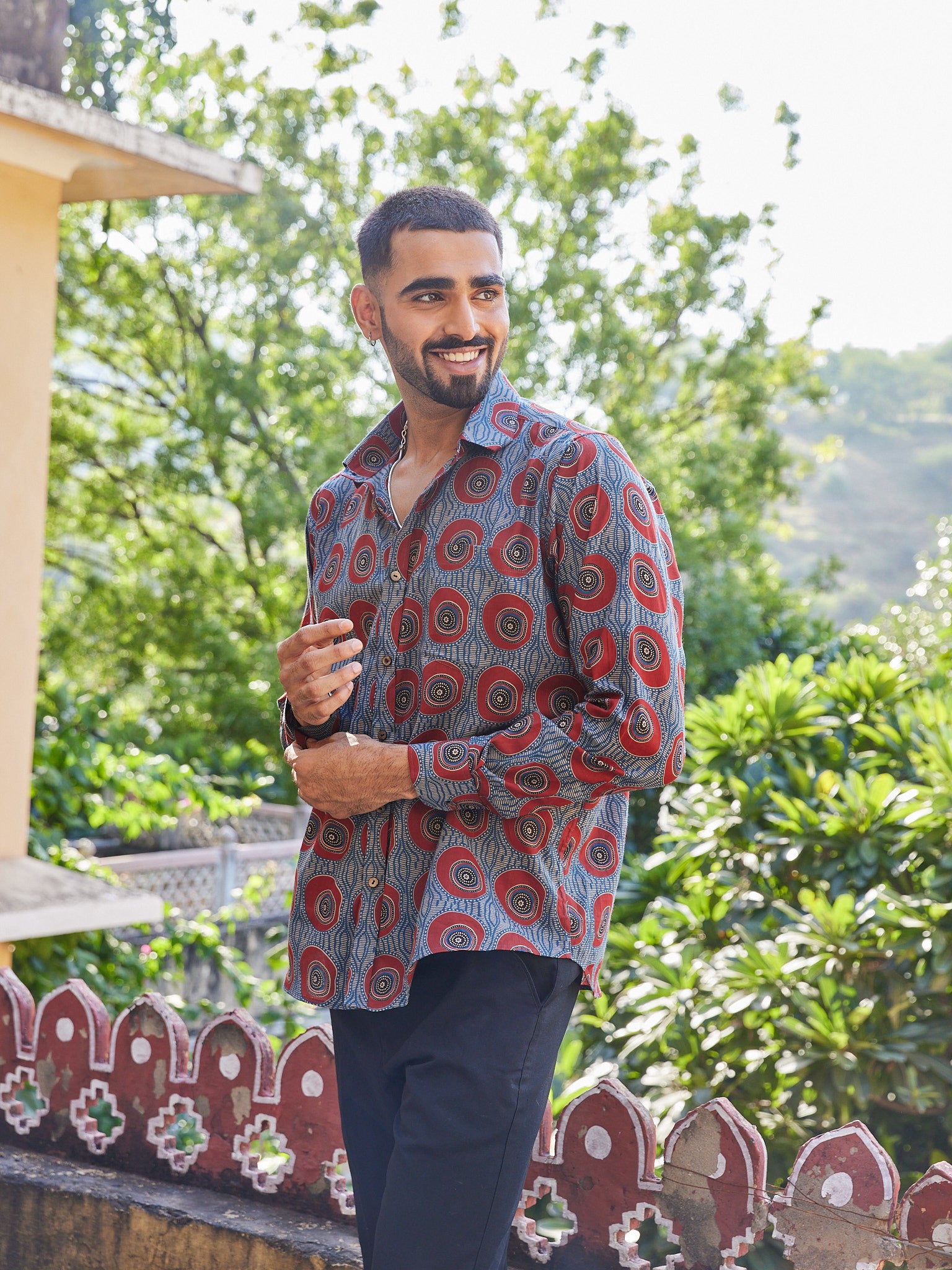 Cotton Blue-Red Ajrakh Geometric Men's Fullsleeves Shirt